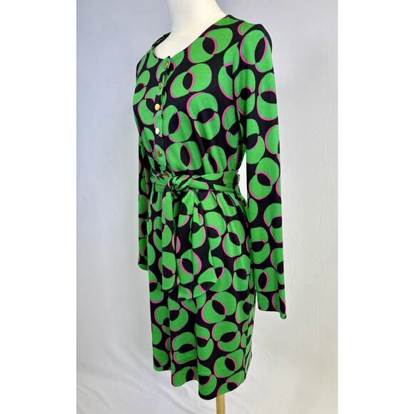 Diane Von Furstenberg Green Pink Geometric 100% Silk Long Sleeve Mini Dress Sz 2 - Picture 6 of 11